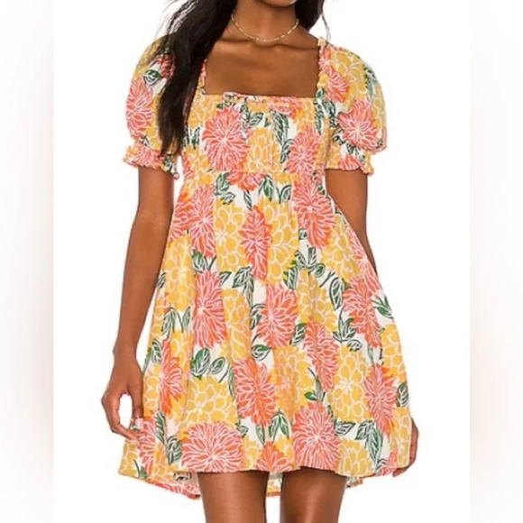 HOUSE OF HARLOW 1960 LINEN FLORAL SUNDRESS SIZE MEDIUM YELLOW ORANGE MINI poplin - Picture 6 of 6